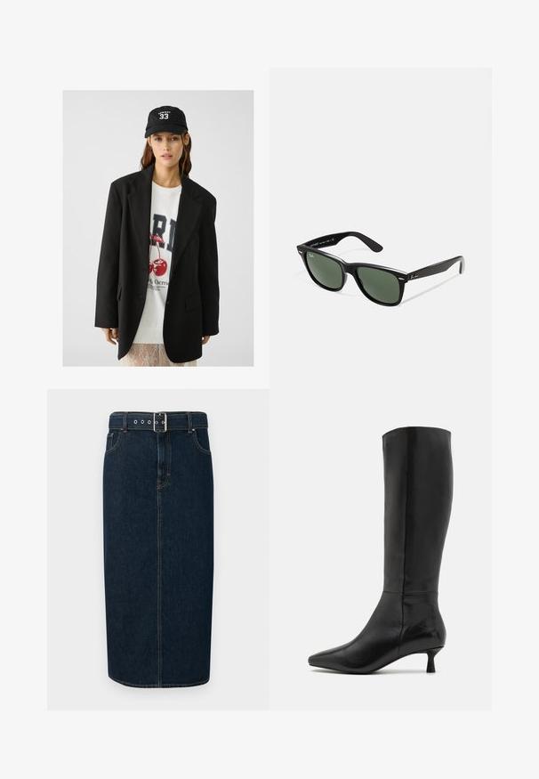 Čierny blazer s vyvýšenými klopami, nosený cez bielu mikinu s grafickým potlačou, na ktorej sú červené čerešne. Dokončené čiernym baseballovým šiltovkou.; Biele tričko s dlhým rukávom, ktoré má klasický golier, centrálny gombíkový priehľad a hladkú tkaninu s mierne skráteným lemom.; Tmavomodrá riflová midi sukňa so rovný strihom, ktorá má prackový opasok, strieborné kovanie a kontrastné šitie pozdĺž švov.; Zign Čižmy - black; Čierne plastové slnečné okuliare so zelenými šošovkami, štvorcové rámy, strieborný akcent na obočí a textúrované ramenné opierky. Brand uvedený na vnútornej strane ramien.