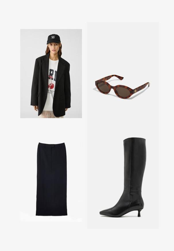 Schwarzes Blazer mit Revers, getragen über einem weißen Sweatshirt mit grafischem Aufdruck in Form roter Kirschen. Abgerundet mit einer schwarzen Baseballkappe.; Weißes Langarmhemd mit klassischem Kragen, mittigem Knopfleiste und glattem Stoff mit leicht verkürztem Saum.; Schwarzer, gerader, langer Rock aus glattem Stoff, mit einem Bund, zwei seitlichen Taschen und einer sauberen Verarbeitung ohne sichtbare Muster.; Zign Stiefel - black; Schildpatt-Sonnenbrillen mit runden Rahmen, dunklen Gläsern und goldfarbener Logodetailierung an den Schläfen. Glattes Kunststoffmaterial, keine sichtbaren Muster.; Eine Frau trägt eine schwarze Lederjacke und beige Hosen und hat eine große braune Wildleder-Tasche über der Schulter.