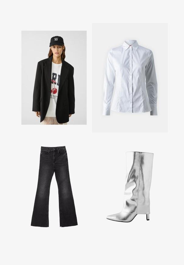 Black blazer with notched lapels, worn over a white graphic sweatshirt featuring red cherries. Finished with a black baseball cap.; White button-up shirt with long sleeves, point collar, fitted design, smooth cotton fabric, and front button closure.; Flared black denim jeans with a raw hem, featuring a five-pocket design and a button closure. Made from a sturdy, textured fabric.; Silver leather knee-high boot with a pointed toe, smooth texture, and a sleek design. Features a small block heel and stitched detailing.