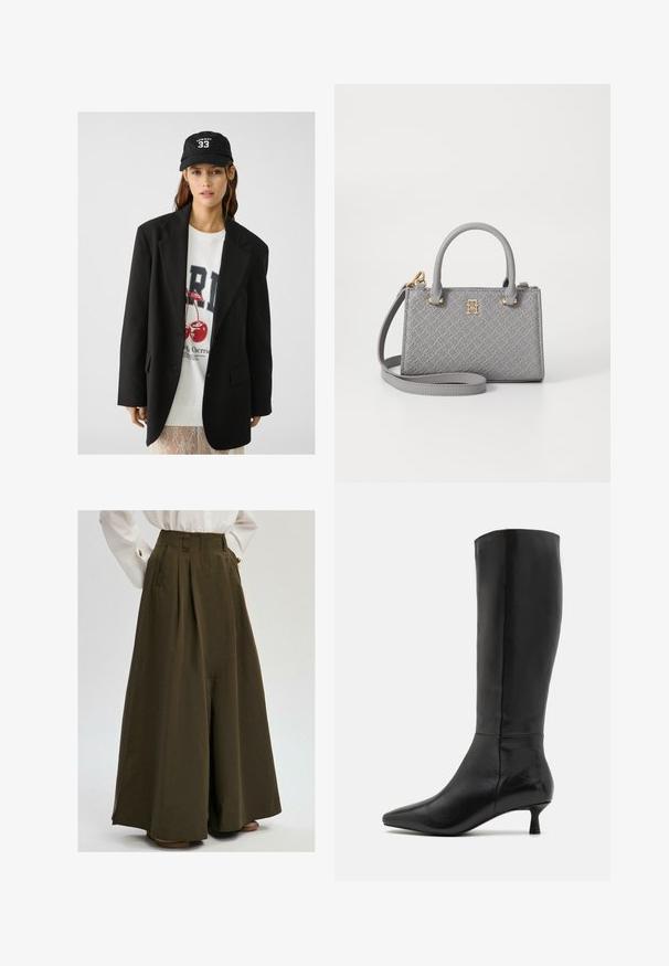 Blazer noir à revers, porté sur un sweat à capuche graphique blanc arborant des cerises rouges. Complété par une casquette de baseball noire.; Chemise blanche à manches longues en coton, dotée d'un col classique et d'une fermeture à boutons, avec des manches longues et une coupe droite au bas.; Pantalons larges en olive foncé avec plis et poches latérales, présentant une taille haute ajustée et une texture de tissu lisse.; Zign Bottes - black; Tommy Hilfiger ETERNITY MICRO TOTE MONO - Sac à main - universal grey