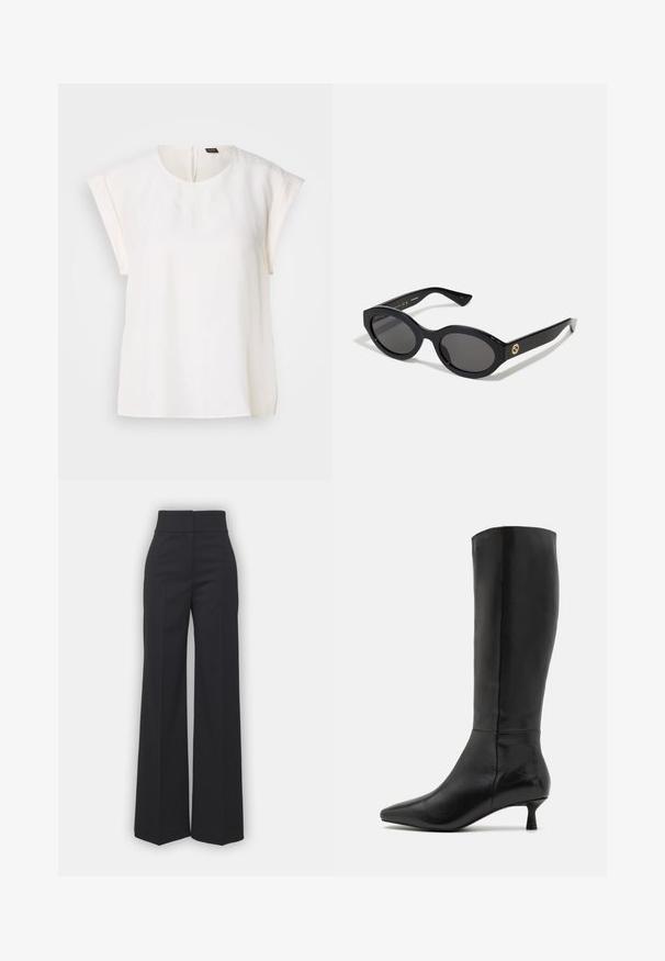 Zwarte blazer met geknipte revers, gedragen over een wit t-shirt met een grafische print van rode kersen. Afgemaakt met een zwarte baseballpet.; Witte blouse met korte mouwen, ronde halslijn, gladde stof en onzichtbare ritssluiting aan de achterkant. Rechte zoom en een ontspannen pasvorm.; Wijdvallende broek in zwarte stof met een hoge tailleband, met een schone afwerking en een gladde textuur. Geen zichtbare hardware of patronen.; Zign Laarzen - black; Zwarte ovale zonnebril met donkere glazen en een glanzend kunststof frame. Heeft een gouden logo op de poot, dat een strakke en moderne uitstraling biedt.