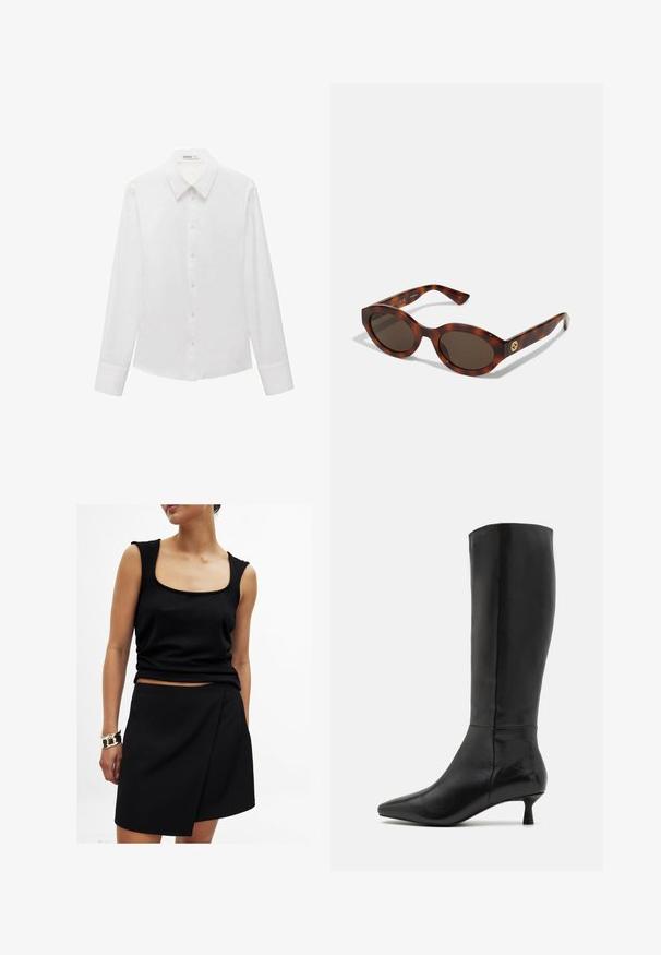 Black blazer with notched lapels, worn over a white graphic sweatshirt featuring red cherries. Finished with a black baseball cap.; Mango SOFITA - Button-down blouse - white; Black sleeveless top with a square neckline, paired with a matching black wrap-style skirt, both in smooth fabric. Gold bracelet on wrist.; Zign Boots - black; Tortoiseshell sunglasses with rounded frames, dark lenses, and gold logo detailing on the temples. Smooth plastic material, no visible patterns.; Woman wearing black leather jacket and beige trousers carries large brown suede tote bag over shoulder.