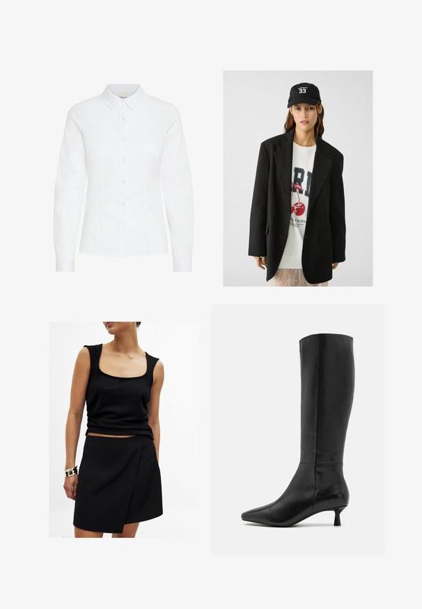 Blazer nero con risvolti, indossato sopra una felpa grafica bianca con ciliegie rosse. Completato con un cappellino da baseball nero.; Camicia bianca con bottoni, realizzata in tessuto liscio. Caratterizzata da maniche lunghe, colletto classico e sei bottoni frontali con una vestibilità aderente.; Top nero senza maniche con scollo quadrato, abbinato a una gonna nera a portafoglio coordinata, entrambi in tessuto morbido. Bracciale dorato al polso.; Zign Stivali alti - black