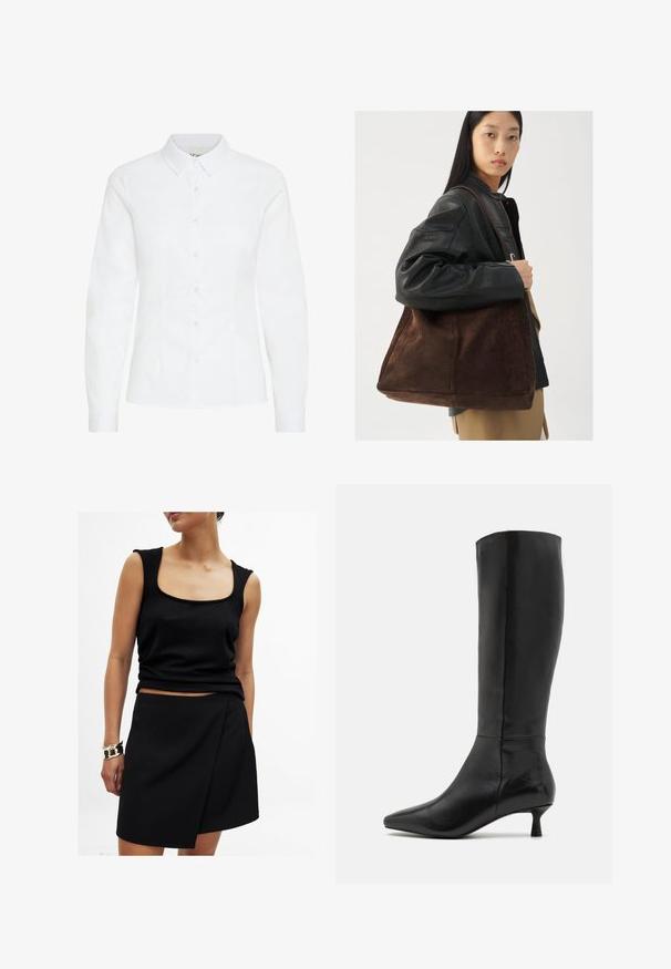 Black blazer with notched lapels, worn over a white graphic sweatshirt featuring red cherries. Finished with a black baseball cap.; White button-up shirt made of smooth fabric. Features long sleeves, a classic collar, and six front buttons with a fitted design.; Black sleeveless top with a square neckline, paired with a matching black wrap-style skirt, both in smooth fabric. Gold bracelet on wrist.; Zign Boots - black; Woman wearing black leather jacket and beige trousers carries large brown suede tote bag over shoulder.