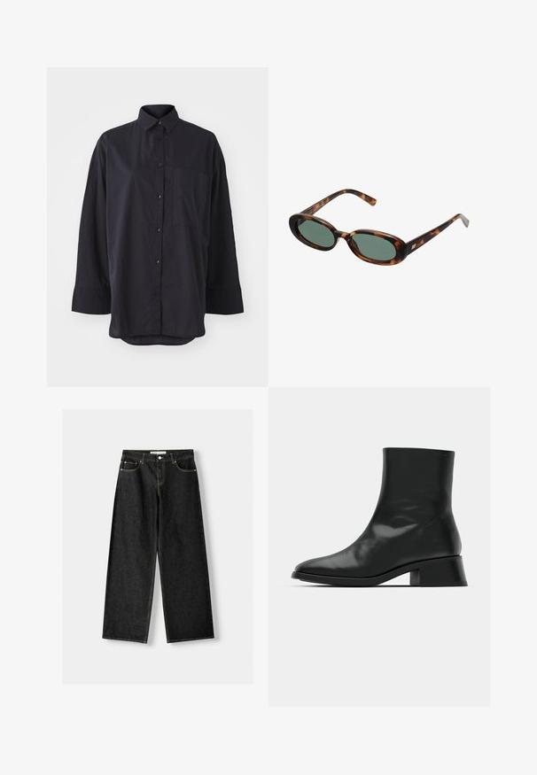 Black blazer with notched lapels, worn over a white graphic sweatshirt featuring red cherries. Finished with a black baseball cap.; Black button-up shirt made of soft fabric, featuring a classic collar, long sleeves, a chest pocket, and a curved hem design.; Black ribbed tank top featuring a round neckline and embroidered logo in white. Fabric has a smooth texture with a fitted shape.; Black denim wide-leg jeans featuring five pockets, metal button and zipper closure, and contrasting yellow stitching along the seams.; Black ankle boot made of shiny leather, featuring a sleek design, pointed toe, and a moderate block heel for stability.; Tortoiseshell sunglasses with oval frames and green lenses. Features thin arms with a metallic accent near the hinges.