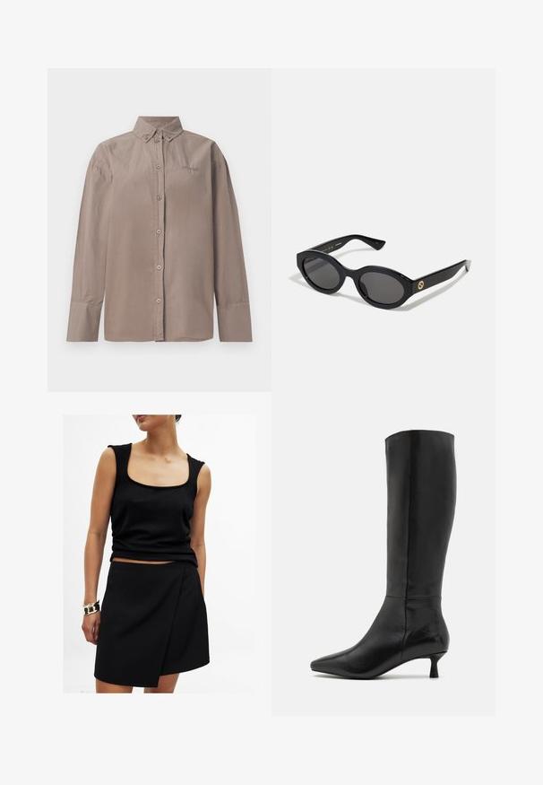 Črna blazer jakna z izrezom, nosi se preko belega grafičnega puloverja z rdečimi češpljami. Dokončano z črno bejzbol kapo.; Srajca z gumbi v svetlo rjavi bombažni tkanini s ovratnikom, dolgimi rokavi in sprednjim zapiranjem na gumbe. Ima šivano obrobo in logotip.; Črn brezrokavnik s kvadratnim izrezom, v kombinaciji z ujemajočo se črno krilom v preklopu, oba iz gladkega materiala. Zlata zapestnica na zapestju.; Zign Škornji - black; Črne ovalne sončna očala s temnimi lečami in sijočim plastičnim okvirjem. Imajo zlat logo na robu, kar ponuja eleganten in sodoben oblikovalski pristop.; Ženska v črni usnjeni jakni in bež hlačah nosi veliko rjavo antilopasto torbo čez ramo.