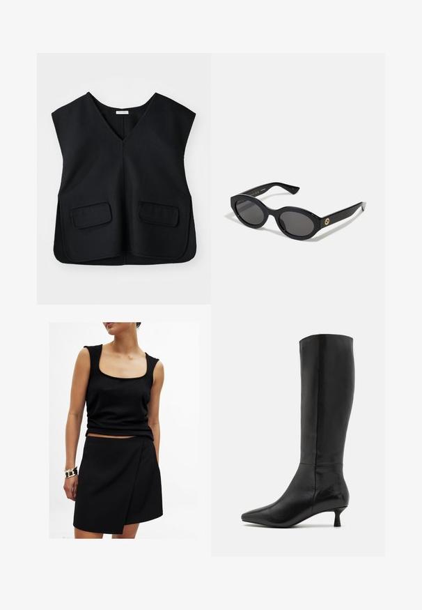 Čierny blazer s vyvýšenými klopami, nosený cez bielu mikinu s grafickým potlačou, na ktorej sú červené čerešne. Dokončené čiernym baseballovým šiltovkou.; Čierny bezrukávový vestník s výstrihom do V, vyrobený z textúrovanej látky. Má dve predné vrecká a rovný lem.; Čierny bezrukávový top so štvorcovým výstrihom, v kombinácii s čiernou sukňou v štýle prekríženia, obidve z hladkej látky. Zlatý náramok na zápästí.; Zign Čižmy - black; Čierne oválne slnečné okuliare s tmavými sklami a lesklým plastovým rámom. Obsahujú zlaté logo na stráne, čo im dáva elegantný a moderný dizajn.