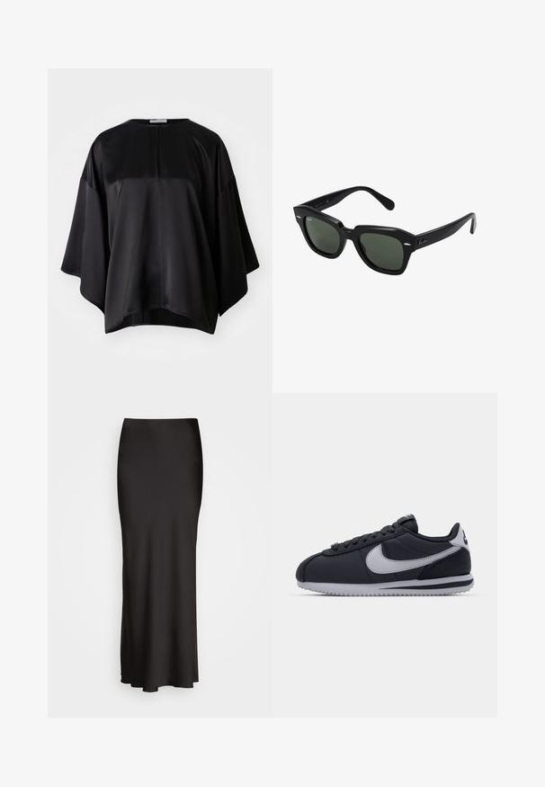 Černý blejzr s klopami, nošený přes bílou mikinu s grafickým potiskem červených třešní. Dokončeno černou baseballovou čepicí.; Černý saténový top s volným střihem, zaobleným výstřihem, širokými rukávy a jemným zipem na zádech. Hladká textura a minimalistický design.; Bílý bavlněný tričko s krátkým rukávem, kulatým výstřihem, volným střihem a šitým lemem. Nálepka viditelná na vnitřní straně výstřihu.; Černá, dlouhá saténová sukně s hladkou texturou, úzkým pasem a A-liniovým střihem, bez viditelných ozdob nebo vzorů.; Černá sportovní bota s šedými akcenty, hladký syntetický svršek, strukturovaná podrážka, zakulacená špička a ploché tkaničky. Klasický design s detailem loga.; Černé čtvercové sluneční brýle s tmavě zelenými skly, se silnými rámy a stříbrnými akcenty po stranách. Vyrobeno v Itálii.; Tommy Hilfiger ETERNITY MICRO TOTE MONO - Kabelka - universal grey