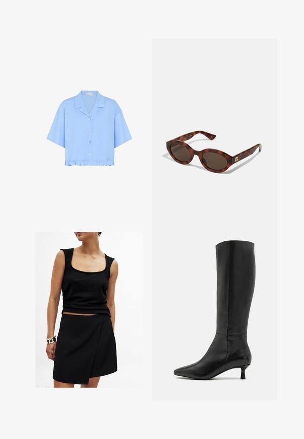 Blazer nero con risvolti, indossato sopra una felpa grafica bianca con ciliegie rosse. Completato con un cappellino da baseball nero.; Camicia blu chiaro cropped in cotone; presenta maniche corte, colletto, bottoni frontali e una gonna arricciata nella parte inferiore.; Top nero senza maniche con scollo quadrato, abbinato a una gonna nera a portafoglio coordinata, entrambi in tessuto morbido. Bracciale dorato al polso.; Zign Stivali alti - black; Occhiali da sole in tartaruga con montatura arrotondata, lenti scure e dettagli in oro sul tempio. Materiale in plastica liscia, senza schemi visibili.