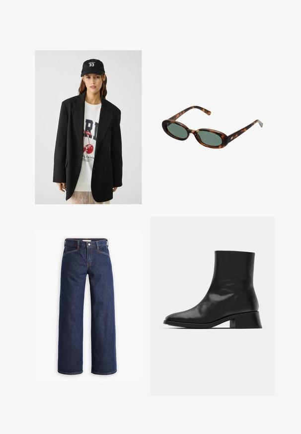 Black blazer with notched lapels, worn over a white graphic sweatshirt featuring red cherries. Finished with a black baseball cap.; Black long-sleeve shirt with a scoop neckline. Soft fabric, straight cut, and elongated sleeves. Features a subtle brand tag inside.; Dark blue denim jeans with a high waist, wide-leg cut, and subtle orange stitching. Features a front button and zip closure.; Black ankle boot made of shiny leather, featuring a sleek design, pointed toe, and a moderate block heel for stability.; Tortoiseshell sunglasses with oval frames and green lenses. Features thin arms with a metallic accent near the hinges.; Black leather handbag with a structured shape, textured surface, and an angled flap closure. Features a detachable shoulder strap and metal accents.