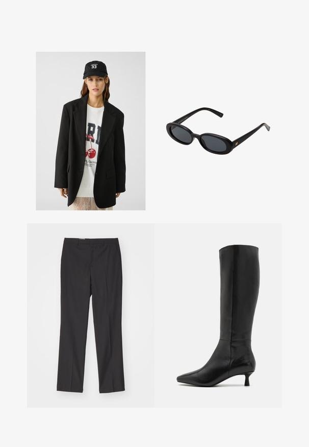 Schwarzes Blazer mit Revers, getragen über einem weißen Sweatshirt mit grafischem Aufdruck in Form roter Kirschen. Abgerundet mit einer schwarzen Baseballkappe.; Weißes Baumwoll-T-Shirt mit kurzen Ärmeln, Rundhalsausschnitt und lockerer Passform. Glatte Textur und schlichtes Design, keine Muster oder Akzente.; Schwarze maßgeschneiderte Hose mit geradem Schnitt, ausgestattet mit Gürtelschlaufen und einer glatten Textur, gefertigt aus leichtem Stoff.; Zign Stiefel - black; Schwarze, oversized Sonnenbrillen mit ovalen Gläsern, glattem Kunststoffrahmen und goldenen Akzenten an den Bügeln. Die dunklen Gläser bieten Sonnenschutz.
