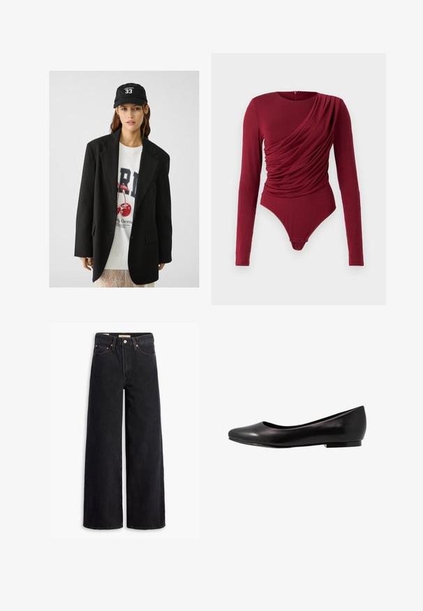 Černý blejzr s klopami, nošený přes bílou mikinu s grafickým potiskem červených třešní. Dokončeno černou baseballovou čepicí.; Bodysuit s dlouhým rukávem v tmavě červené barvě, s drapovanou tkaninou, výstřihem do lodičky a patentkami na spodní části, vyrobený z měkkého elastického materiálu.; Černé široké džíny vyrobené z denimu, s pěti kapsami, měděnými nýtky a klasickým zapínáním na knoflík. Hladký povrch s čistým designem.; Černé baleríny vyrobené z lesklé kůže s kulatou špičkou a nízkou, plochou podrážkou. Mají hladkou texturu a jednoduchý, elegantní design.