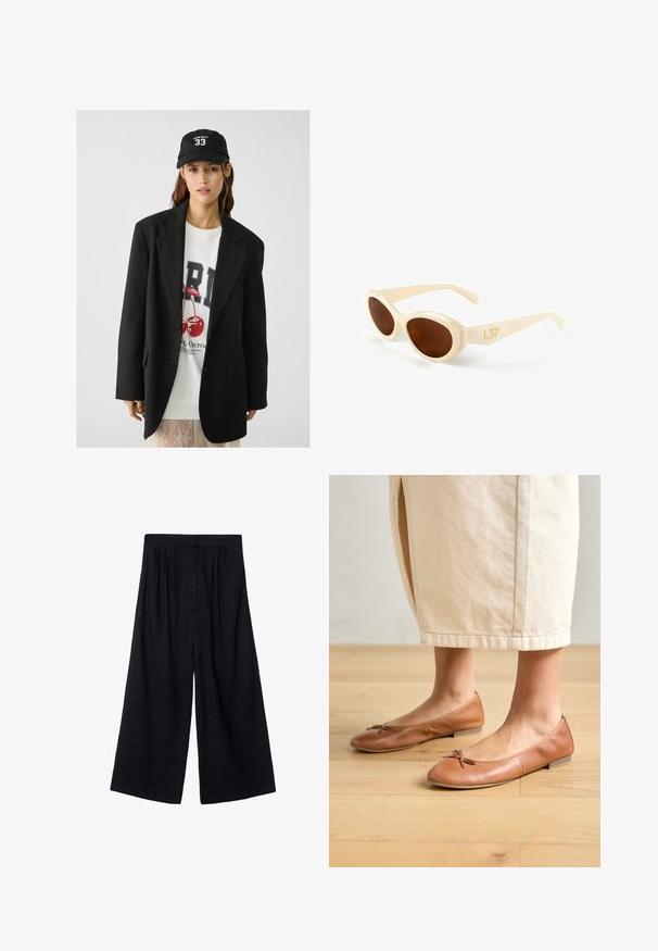 Czarny żakiet z klapami, noszony na białej bluzie z grafiką przedstawiającą czerwone wiśnie. Całość dopełniona czarną czapką z daszkiem.; Beżowy sweter z krótkim rękawem w czarne poziome paski. Okrągły dekolt, tekstura dzianiny i ściągaczowy dół. Prosty, klasyczny design.; Czarne szerokie spodnie wykonane z lekkiego materiału, z wysokim stanem i plisami dla dodatkowej tekstury i swobody.; Brązowe skórzane baleriny z okrągłym noskiem i małym ozdobnym kokardką, płaskim obcasem i gładką fakturą, w zestawieniu z jasną spódnicą.; Kremowe plastikowe okulary przeciwsłoneczne z owalnymi soczewkami i brązowym odcieniem. Posiadają subtelny design, a na zausznicy widnieje złoty numer L37.