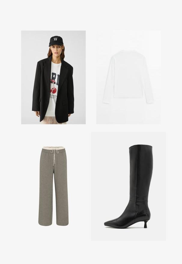 Schwarzes Blazer mit Revers, getragen über einem weißen Sweatshirt mit grafischem Aufdruck in Form roter Kirschen. Abgerundet mit einer schwarzen Baseballkappe.; Schlichtes weißes Langarmshirt mit Rundhalsausschnitt, von hinten gezeigt, flach auf einem weißen Hintergrund ausgelegt.; Helle graue Stoffhose mit weitem Bein. Elastischer Bund mit Kordelzug. Strukturiertes Finish, keine sichtbaren Muster oder Akzente.; Zign Stiefel - black