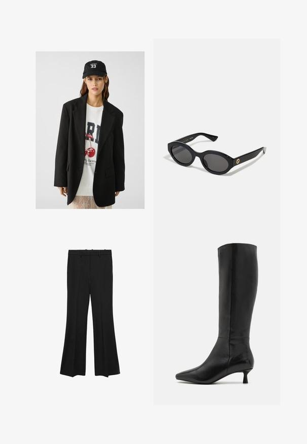 Zwarte blazer met geknipte revers, gedragen over een wit t-shirt met een grafische print van rode kersen. Afgemaakt met een zwarte baseballpet.; Effen witte langslopende shirt met lange mouwen, ronde hals, van achteren weergegeven, plat gelegd op een witte achtergrond.; Mango Broek - black; Zign Laarzen - black; Zwarte ovale zonnebril met donkere glazen en een glanzend kunststof frame. Heeft een gouden logo op de poot, dat een strakke en moderne uitstraling biedt.