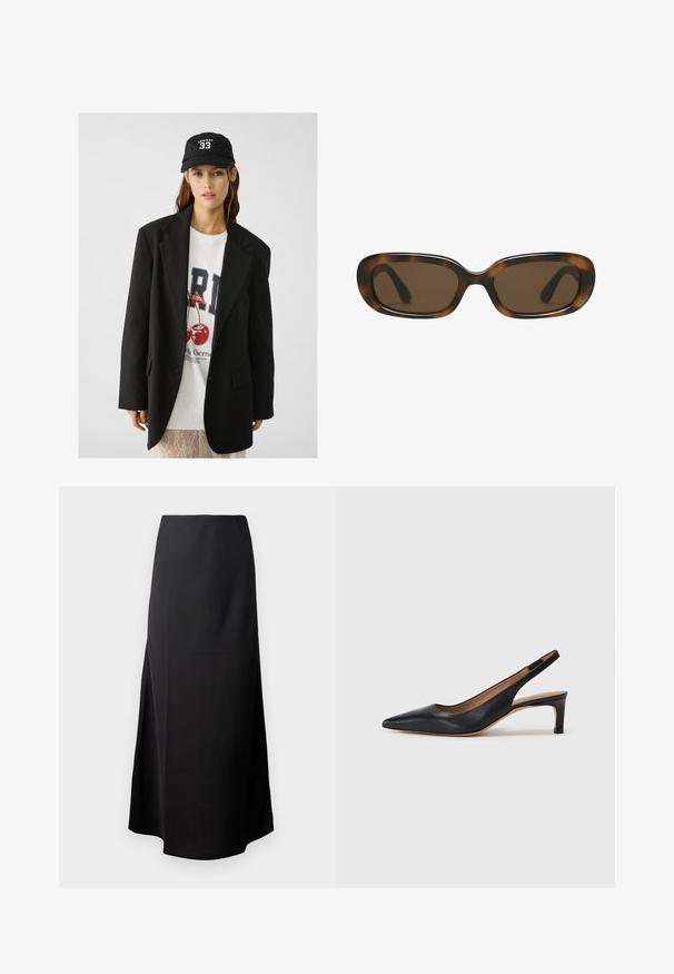 Černý blejzr s klopami, nošený přes bílou mikinu s grafickým potiskem červených třešní. Dokončeno černou baseballovou čepicí.; Pruhovaná polo košile s krátkým rukávem a ribbovanou texturou. Barvy: bílá a černá. Má výstřih do V a měkký, kontrastní límec.; Černá midi sukně s hladkým povrchem, navržená s vysokým pasem a bočním rozparkem, s jednoduchou, nezdobenou siluetou.; Černé kožené slingback lodičky s špičatou špičkou, nízkým podpatkem a hladkým povrchem. Disponují tenkým nastavitelným páskem pro bezpečné uchycení.; Skořicové sluneční brýle s hladkým, zaobleným obdélníkovým rámem a hnědými skly. Mají tenké, zakřivené ramena s lesklým povrchem.; Černá kožená kabelka s dvěma dlouhými uchy, obdélníkový tvar, hladký povrch a ostré dolní rohy. Žádné viditelné kovové části ani vzory.