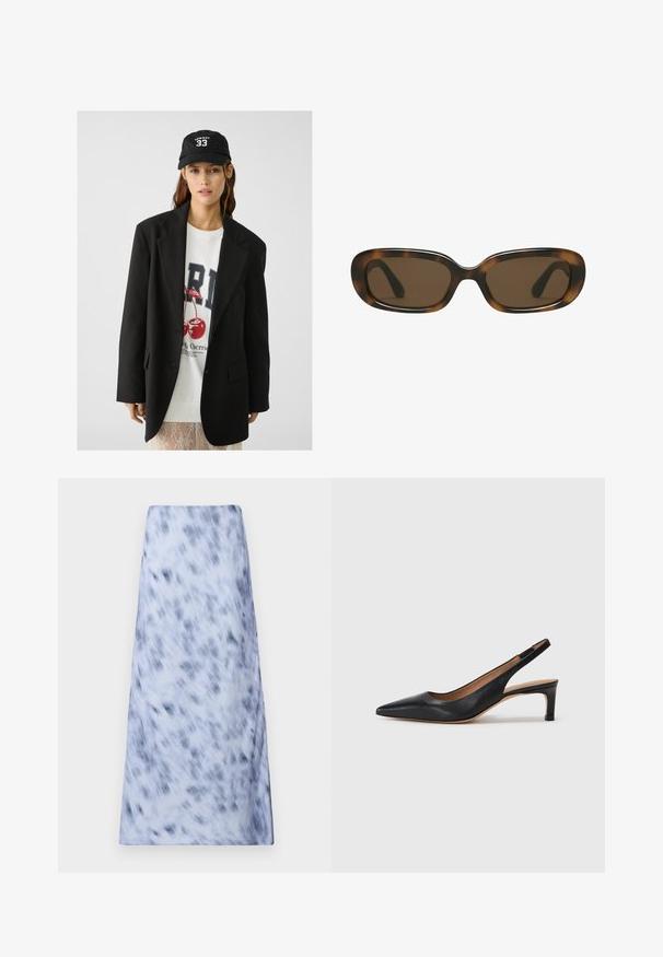 Sort blazer med spidse klapkraver, båret over en hvid grafik sweatshirt med røde kirsebær. Afsluttet med en sort baseballkasket.; Stribet kortærmet polo skjorte med en ribbet tekstur. Farver: hvid og sort. Har en V-hals og en blød, kontrasterende krave.; En lang, lyseblå nederdel med et sløret, mørkeblåt mønster. Stoffet ser blødt ud med en glat tekstur og et enkelt design.; Sort læder slingback pumpe med spids tå, lav hæl og en glat overflade. Har en tynd justerbar rem for en sikker pasform.; Skildpadde-mønstret solbriller med en glat, afrundet rektangulær ramme og brune linser. Har tynde, buede arme med en blank overflade.; Sort lædertaske med to lange håndtag, rektangulær form, glat tekstur og vinklet bundhjørner. Ingen synlig hardware eller mønstre.