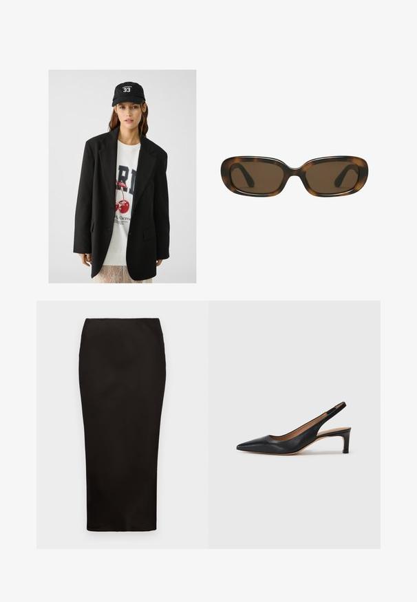 Zwarte blazer met geknipte revers, gedragen over een wit t-shirt met een grafische print van rode kersen. Afgemaakt met een zwarte baseballpet.; Effen witte T-shirt met korte mouwen en een ronde hals, met een slim fit, vlak weergegeven tegen een witte achtergrond.; Zwarte, knielange kokerrok van soepele stof met een elastische tailleband, met een eenvoudig, minimalistisch ontwerp en geen zichtbare hardware.; Zwarte leren slingback pump met een puntige neus, lage hak en een gladde textuur. Beschikt over een dunne verstelbare band voor een veilige pasvorm.;  Schildpadbril met een glad, afgerond rechthoekig montuur en bruine lenzen. Heeft dunne, gebogen armen met een glanzende afwerking.
