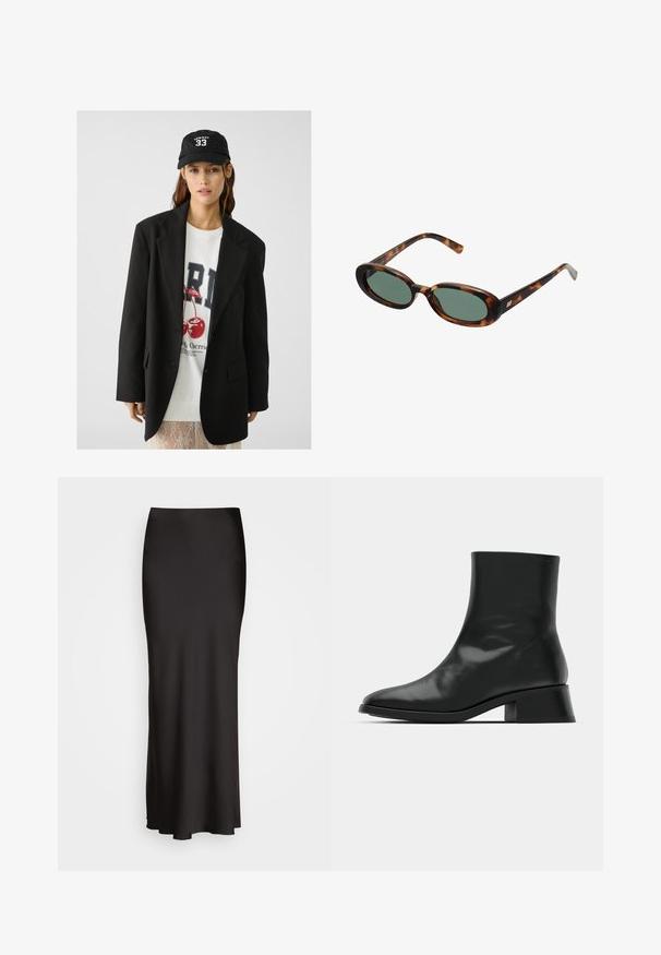 Črna blazer jakna z izrezom, nosi se preko belega grafičnega puloverja z rdečimi češpljami. Dokončano z črno bejzbol kapo.; Črna rebrasta majica brez rokavov z okroglim izrezom in belim vezenim logotipom. Ima oprijeto silhueto in čist, ravno rob.; Črna, dolga satenska krila z gladko teksturo, prilegajoč pas in A-linijo, brez vidnih okraskov ali vzorcev.; Črne gležnjarje iz sijoče usnjene kože odlikuje eleganten dizajn, usnjena konica in zmeren blok peto za stabilnost.; Žirafne sončna očala z ovalnimi okvirji in zelenimi lečami. Imajo tanke ročice z metalnim poudarkom blizu tečajev.