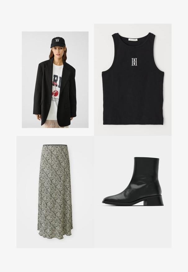 Czarny żakiet z klapami, noszony na białej bluzie z grafiką przedstawiającą czerwone wiśnie. Całość dopełniona czarną czapką z daszkiem.; Czarny ribbed top na ramiączkach z okrągłym dekoltem i haftowanym logo w białym kolorze. Materiał ma gładką teksturę i dopasowany krój.; Czarna i jasnobeżowa spódnica midi z falistym wzorem, gładką teksturą i falbaniastym dołem; wykonana z lekkiego materiału.; Czarne botki do kostek z błyszczącej skóry, o eleganckim designie, spiczastym nosku i umiarkowanym blokowym obcasie dla stabilności.