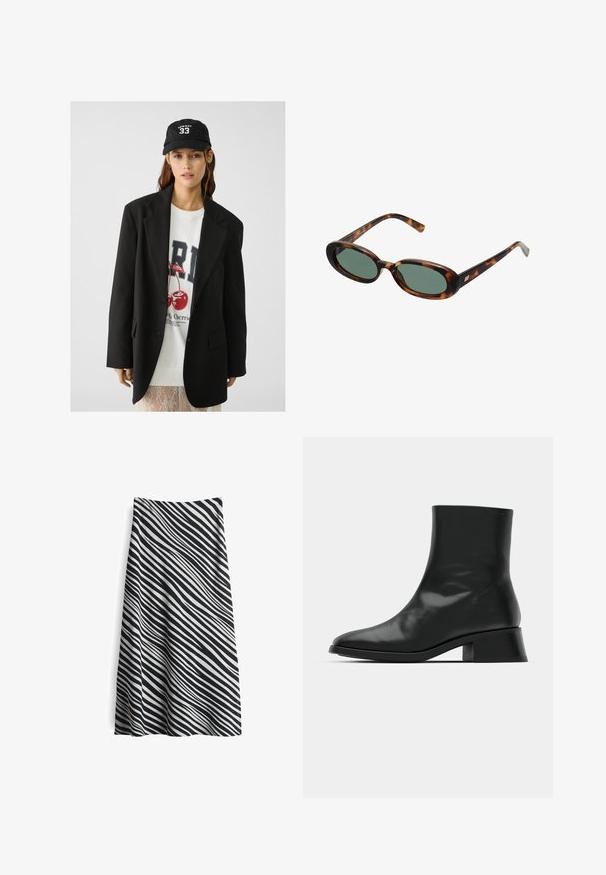 Schwarzes Blazer mit Revers, getragen über einem weißen Sweatshirt mit grafischem Aufdruck in Form roter Kirschen. Abgerundet mit einer schwarzen Baseballkappe.; Schwarzes, geripptes Tanktop mit rundem Ausschnitt und besticktem Logo in Weiß. Der Stoff hat eine glatte Textur und eine körperbetonte Passform.; Schwarz-weißer, gestreifter Midi-Rock mit einem fließenden Design, das wellenförmige horizontale Linien und eine glatte Textur aufweist. Ausgestattet mit einem taillierten Bund.; Schwarze Ankle Boots aus glänzendem Leder, mit einem eleganten Design, spitzer Zehenpartie und einem moderaten Blockabsatz für Stabilität.; Schildpatt-Sonnenbrille mit ovalen Rahmen und grünen Gläsern. Verfügt über dünne Bügel mit einem metallischen Akzent in der Nähe der Scharniere.