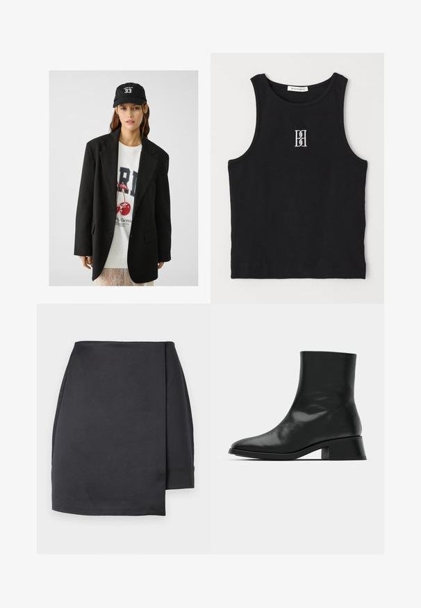 Čierny blazer s vyvýšenými klopami, nosený cez bielu mikinu s grafickým potlačou, na ktorej sú červené čerešne. Dokončené čiernym baseballovým šiltovkou.; Čierny rebrový tielko s okrúhlym výstrihom a vyšitým logom v bielej farbe. Materiál má hladkú textúru a priliehajúci strih.; Čierna asymetrická mini sukňa s predným panelom v štýle zavinovania na bielom pozadí.; Čierne členkové topánky vyrobené z lesklej kože, s elegantným dizajnom, špicatou špičkou a stredne vysokým blokovým podpätkom pre stabilitu.