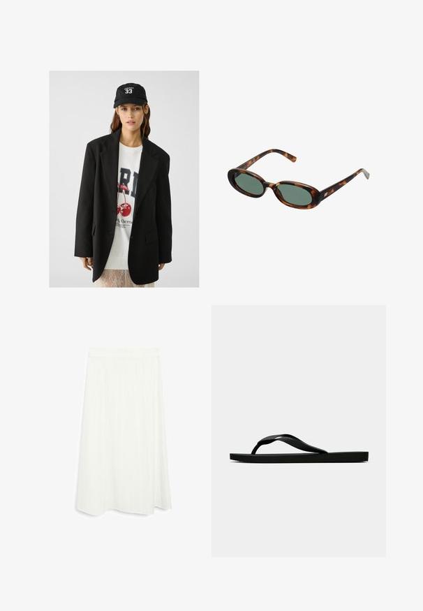 Blazer noir à revers, porté sur un sweat à capuche graphique blanc arborant des cerises rouges. Complété par une casquette de baseball noire.; Débardeur noir côtelé avec un col rond et un logo brodé en blanc. Le tissu a une texture lisse avec une coupe ajustée.; Jupe blanche à mi-mollet avec une coupe évasée. Présente des rayures verticales et une texture lisse. Ceinture simple pour un maintien sécurisé.; Tong sandale en caoutchouc noir avec une bride en T texturée et une semelle plate simple, montrée de côté sur un fond clair.; Lunettes de soleil en écaille de tortue avec des montures ovales et des verres verts. Elles présentent des branches fines avec un accent métallique près des charnières.