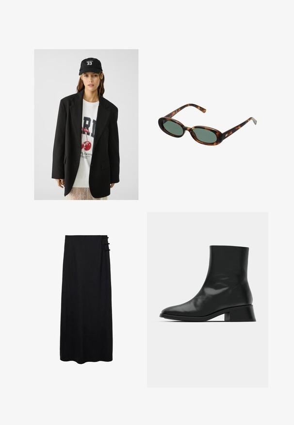 Blazer nero con risvolti, indossato sopra una felpa grafica bianca con ciliegie rosse. Completato con un cappellino da baseball nero.; Canotta nera a costine con scollatura rotonda e logo ricamato in bianco. Il tessuto ha una texture liscia con una forma aderente.; Gonna maxi nera con una texture morbida, dotata di chiusura laterale con tre dettagli ad anello per un tocco in più. Design lungo fino al pavimento.; Stivale alla caviglia nero realizzato in pelle lucida, con un design elegante, punta affilata e un tacco a blocco moderato per stabilità.; Occhiali da sole tartarugati con montatura ovale e lenti verdi. Presentano aste sottili con un accento metallico vicino alle cerniere.