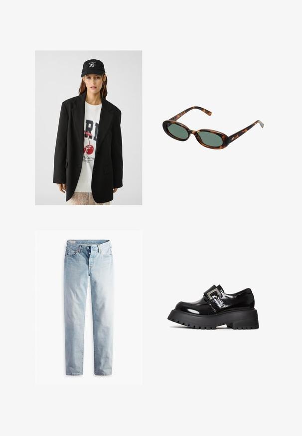 Blazer nero con risvolti, indossato sopra una felpa grafica bianca con ciliegie rosse. Completato con un cappellino da baseball nero.; Canotta nera a costine con scollatura rotonda e logo ricamato in bianco. Il tessuto ha una texture liscia con una forma aderente.; Jeans in denim blu chiaro con taglio dritto, due tasche frontali e due tasche posteriori. Include una chiusura a due bottoni e cuciture sottili.; Scarpa platform in vernice nera con suola spessa, caratterizzata da un accentuato cinturino e un design elegante. Suola con battistrada testurizzato per una maggiore aderenza.; Occhiali da sole tartarugati con montatura ovale e lenti verdi. Presentano aste sottili con un accento metallico vicino alle cerniere.; Tommy Hilfiger ETERNITY MICRO TOTE MONO - Borsa a mano - universal grey