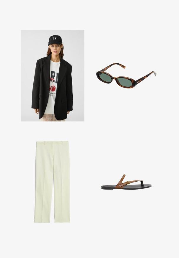 Blazer nero con risvolti, indossato sopra una felpa grafica bianca con ciliegie rosse. Completato con un cappellino da baseball nero.; Canotta nera a costine con scollatura rotonda e logo ricamato in bianco. Il tessuto ha una texture liscia con una forma aderente.; Pantaloni su misura color crema con un design a gamba dritta, dotati di una parte frontale piatta, passanti per cintura e una superficie liscia.; Infradito in pelle marrone con un dettaglio in fibbia dorata, suola nera piatta e design minimalista, caratterizzato da una texture liscia.; Occhiali da sole tartarugati con montatura ovale e lenti verdi. Presentano aste sottili con un accento metallico vicino alle cerniere.; Borsa a tracolla in pelle nera con manici lunghi, forma rettangolare, texture liscia e lati angolari, caratterizzata da un design minimalista e senza elementi di hardware visibili.