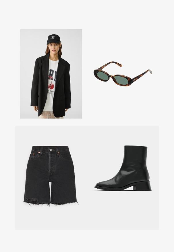 Črna blazer jakna z izrezom, nosi se preko belega grafičnega puloverja z rdečimi češpljami. Dokončano z črno bejzbol kapo.; Črna rebrasta majica brez rokavov z okroglim izrezom in vezenim logotipom v beli barvi. Tkanina ima gladko teksturo in prilagojeno obliko.; Črne jeans kratke hlače z visokim pasom, s surovo robom in raztrganimi detajli. Vključujejo pet žepov in kovinsko zaponko.; Črne gležnjarje iz sijoče usnjene kože odlikuje eleganten dizajn, usnjena konica in zmeren blok peto za stabilnost.; Žirafne sončna očala z ovalnimi okvirji in zelenimi lečami. Imajo tanke ročice z metalnim poudarkom blizu tečajev.