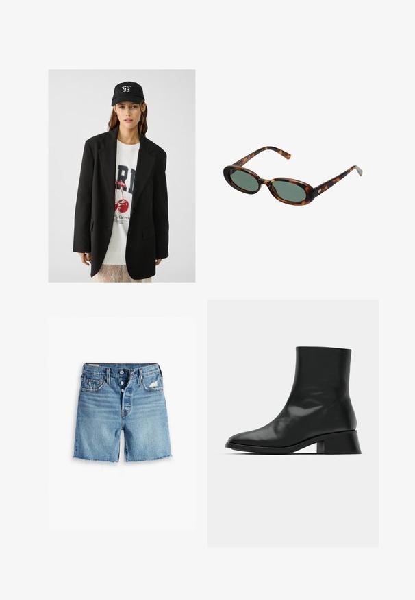 Crna jakna s reverima, nosi se preko bijelog duksera s grafikom crvenih trešanja. Završeno s crnom bejzbol kapom.; Crna rebrasta majica bez rukava s okruglim izrezom i izvezenim logotipom u bijeloj boji. Tkanina ima glatku teksturu i prilagođen je kroj.; Svijetloplave traper kratke hlače s razderanim rubom, kopčanje na gumb i dizajn s pet džepova. Sadrži blago oštećenje sprijeda.; Crne gležnjače od sjajne kože, s elegantnim dizajnom, šiljatim vrhom i umjerenom blok petom za stabilnost.; Sunčane naočale u boji kornjače s ovalnim okvirom i zelenim staklima. Imaju tanke ručke s metalnim detaljem blizu šarki.