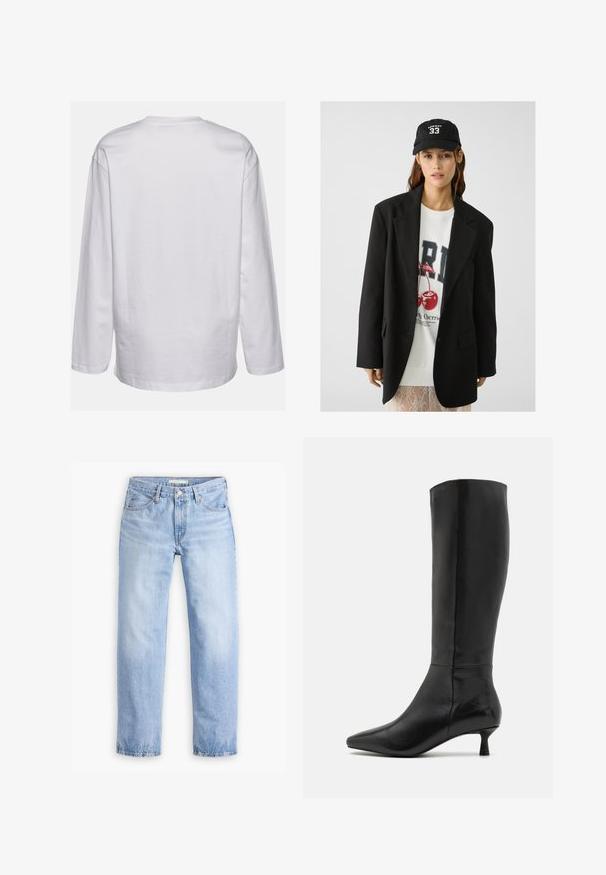 Blazer nero con risvolti, indossato sopra una felpa grafica bianca con ciliegie rosse. Completato con un cappellino da baseball nero.; DEF EVERYDAY - Maglietta a manica lunga - white; Jeans in denim azzurro chiaro con design a gamba dritta, cinque tasche e vita a media altezza. Presenta una finitura sbiadita e orlo cucito.; Zign Stivali alti - black