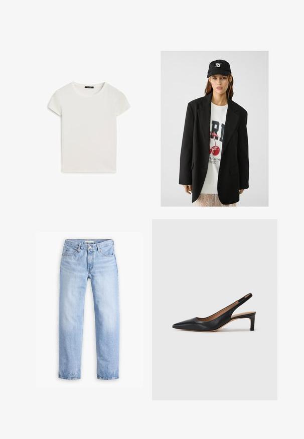 Czarny żakiet z klapami, noszony na białej bluzie z grafiką przedstawiającą czerwone wiśnie. Całość dopełniona czarną czapką z daszkiem.; Biała koszulka z krótkim rękawem o okrągłym dekolcie, wykonana z miękkiej bawełny, charakteryzująca się gładką teksturą i prostym wzornictwem.; Jasnoniebieskie dżinsy o prostym kroju, z pięcioma kieszeniami i średnim stanem. Charakteryzują się wyblakłą teksturą i przeszytymi brzegami.; Czarne skórzane czółenka na potylicy z wydłużonym noskiem, niskim obcasem i gładką fakturą. Posiadają cienki, regulowany pasek zapewniający pewne dopasowanie.