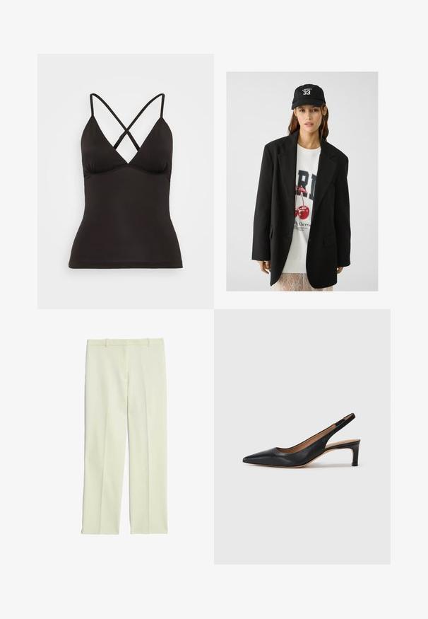 Schwarzes Blazer mit Revers, getragen über einem weißen Sweatshirt mit grafischem Aufdruck in Form roter Kirschen. Abgerundet mit einer schwarzen Baseballkappe.; Schwarzes Trägershirt mit verstellbaren, überkreuzten Trägern, ausgestattet mit einem tiefen V-Ausschnitt und einer taillierten Silhouette. Hergestellt aus glattem, elastischem Stoff.; Cremefarbene, maßgeschneiderte Hosen mit geradem Schnitt, flachem Front, Gürtelschlaufen und glatter Oberfläche.; Schwarze Leder-Slingback-Pumps mit spitzer Zehenform, niedrigem Absatz und glatter Textur. Verfügt über einen dünnen, verstellbaren Riemen für einen sicheren Sitz.