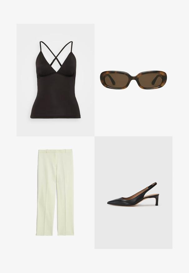 Czarny żakiet z klapami, noszony na białej bluzie z grafiką przedstawiającą czerwone wiśnie. Całość dopełniona czarną czapką z daszkiem.; Czarna kamizelka na ramiączkach z regulowanymi krzyżującymi się paskami, z głębokim dekoltem w kształcie V i dopasowanym fasonem. Wykonana z gładkiego, elastycznego materiału.; Kremowe, dopasowane spodnie o prostym kroju, z płaskim przodem, szlufkami na pasek i gładką teksturą.; Czarne skórzane czółenka na potylicy z wydłużonym noskiem, niskim obcasem i gładką fakturą. Posiadają cienki, regulowany pasek zapewniający pewne dopasowanie.; Okulary przeciwsłoneczne w melanżowym kolorze z gładką, zaokrągloną prostokątną oprawką i brązowymi soczewkami. Posiadają cienkie, zakrzywione zauszniki o błyszczące wykończeniu.; Czarna skórzana torba sportowa z dwoma zaokrąglonymi uchwytami, zwężającymi się bokami i górnym zamkiem błyskawicznym. Gładka faktura z minimalnymi detalami szwalniczymi.