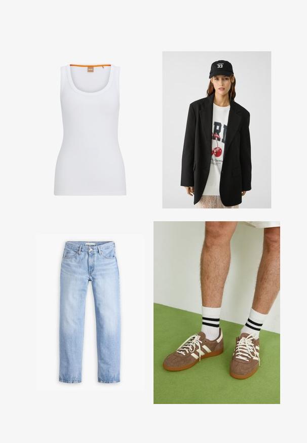 Černý blejzr s klopami, nošený přes bílou mikinu s grafickým potiskem červených třešní. Dokončeno černou baseballovou čepicí.; Bílé žebrované tílko s kulatým výstřihem, které má kontrastní oranžový akcent na vnitřní části límce a přiléhavý střih.; Světle modré džínové kalhoty s rovným střihem, pěti kapsami a středně vysokým pasem. Mají vybledlý vzhled a švy na lemu.; Hnědé semišové tenisky s bílými akcenty a tkaničkami. Gumová podrážka. Nošeny s bílými ponožkami s černými pruhy. Zelená strukturovaná podlaha.