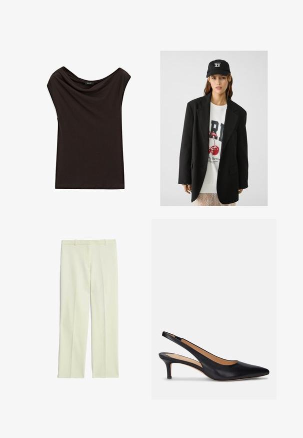 Schwarzes Blazer mit Revers, getragen über einem weißen Sweatshirt mit grafischem Aufdruck in Form roter Kirschen. Abgerundet mit einer schwarzen Baseballkappe.; Schwarzes, leichtes Top mit einem drapierten Ausschnitt und kurzen Ärmeln. Glatte Textur mit einem einfachen, schlichten Design.; Cremefarbene, maßgeschneiderte Hosen mit geradem Schnitt, flachem Front, Gürtelschlaufen und glatter Oberfläche.; Schwarzer Leder Slingback-Pump mit spitzer Zehenform, niedrigem Kitten-Absatz und glatter Oberfläche. Verfügt über ein offenes Rückendesign und minimale Nahtdetails.