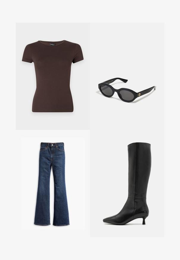 Black blazer with notched lapels, worn over a white graphic sweatshirt featuring red cherries. Finished with a black baseball cap.; Brown short-sleeve t-shirt, made of soft fabric with a fitted design, featuring a round neckline and seamless shoulders.; High-waisted dark blue denim jeans with flared legs, front button and zipper closure, and five-pocket design.; Zign Boots - black; Black oval sunglasses with dark lenses and glossy plastic frame. Features gold logo on the temple, offering a sleek and modern design.