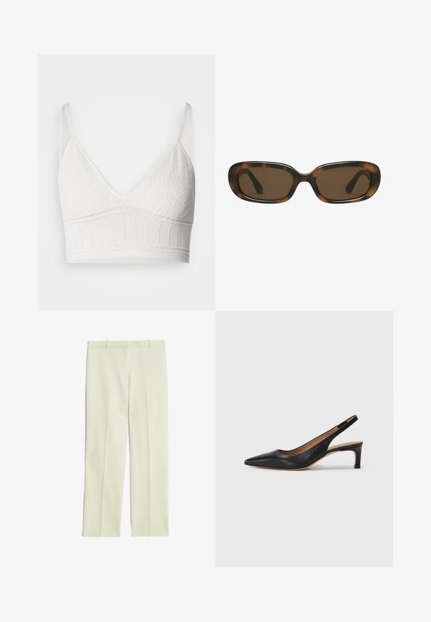 Sort blazer med spidse klapkraver, båret over en hvid grafik sweatshirt med røde kirsebær. Afsluttet med en sort baseballkasket.; Hvid blonde-bralette med en trekantet form, der har tekstureret øverste stof og et ribbet elastikbånd, justerbare stropper og en glat finish.; Cremefarvede skræddersyede bukser med lige ben, der har en glat front, bæltestropper og en glat tekstur.; Sort læder slingback pumpe med spids tå, lav hæl og en glat overflade. Har en tynd justerbar rem for en sikker pasform.; Skildpadde-mønstret solbriller med en glat, afrundet rektangulær ramme og brune linser. Har tynde, buede arme med en blank overflade.; Sort læderhåndtaske med lange håndtag, rektangulær form, glat tekstur og skrå sider, der har et minimalistisk design uden synligt hardware.