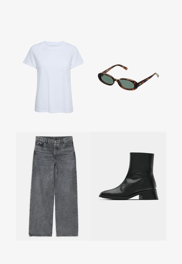 Schwarzes Blazer mit Revers, getragen über einem weißen Sweatshirt mit grafischem Aufdruck in Form roter Kirschen. Abgerundet mit einer schwarzen Baseballkappe.; Weißes T-Shirt mit kurzen Ärmeln aus Baumwolle, mit runder Ausschnitt und lässiger Passform. Glatte Textur ohne sichtbare Muster oder Akzente.; Weite Jeans in dunkelgrauem Denim. Verfügt über eine hohe Taille, ein Fünf-Taschen-Design und einen Frontknopfverschluss. Glatte Textur mit subtilen Auswaschungen.; Schwarze Ankle Boots aus glänzendem Leder, mit einem eleganten Design, spitzer Zehenpartie und einem moderaten Blockabsatz für Stabilität.; Schildpatt-Sonnenbrille mit ovalen Rahmen und grünen Gläsern. Verfügt über dünne Bügel mit einem metallischen Akzent in der Nähe der Scharniere.