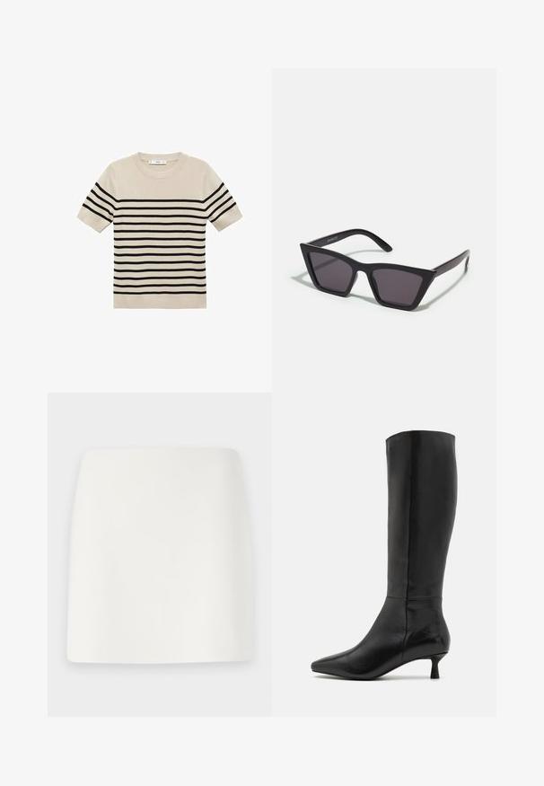 Black blazer with notched lapels, worn over a white graphic sweatshirt featuring red cherries. Finished with a black baseball cap.; Beige short-sleeve sweater with black horizontal stripes. Rounded neckline, knit texture, and ribbed hem. Simple, classic design.; White, fitted mini skirt with a smooth texture and clean lines. No visible patterns or hardware. Straight hem at the bottom.; Zign Boots - black; Black, angular sunglasses with gray lenses; made of plastic, featuring thick arms with a smooth surface and no visible hardware.