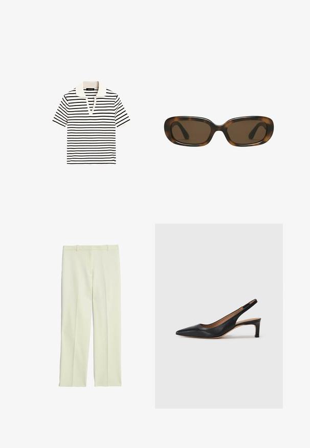 Černý blejzr s klopami, nošený přes bílou mikinu s grafickým potiskem červených třešní. Dokončeno černou baseballovou čepicí.; Pruhovaná polo košile s krátkým rukávem a ribbovanou texturou. Barvy: bílá a černá. Má výstřih do V a měkký, kontrastní límec.; Krémové rafinované kalhoty se střihovými nohavicemi, s plochým předním dílem, poutky na opasek a hladkým povrchem.; Černé kožené slingback lodičky s špičatou špičkou, nízkým podpatkem a hladkým povrchem. Disponují tenkým nastavitelným páskem pro bezpečné uchycení.; Skořicové sluneční brýle s hladkým, zaobleným obdélníkovým rámem a hnědými skly. Mají tenké, zakřivené ramena s lesklým povrchem.