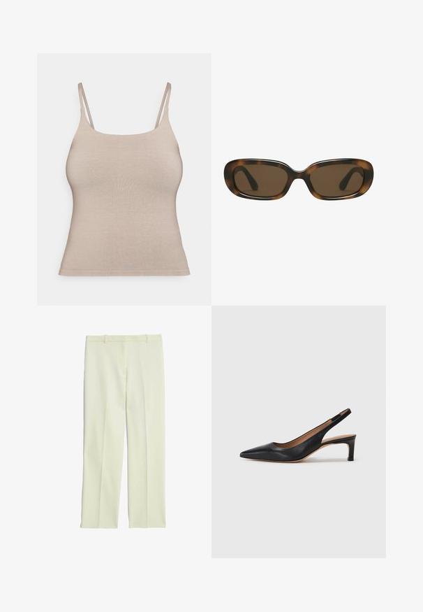 Czarny żakiet z klapami, noszony na białej bluzie z grafiką przedstawiającą czerwone wiśnie. Całość dopełniona czarną czapką z daszkiem.; Beżowy dopasowany top na ramiączkach, wykonany z gładkiego, elastycznego materiału. Projekt wyróżnia zaokrąglony dekolt oraz brak widocznych elementów metalowych.; Kremowe, dopasowane spodnie o prostym kroju, z płaskim przodem, szlufkami na pasek i gładką teksturą.; Czarne skórzane czółenka na potylicy z wydłużonym noskiem, niskim obcasem i gładką fakturą. Posiadają cienki, regulowany pasek zapewniający pewne dopasowanie.; Okulary przeciwsłoneczne w melanżowym kolorze z gładką, zaokrągloną prostokątną oprawką i brązowymi soczewkami. Posiadają cienkie, zakrzywione zauszniki o błyszczące wykończeniu.