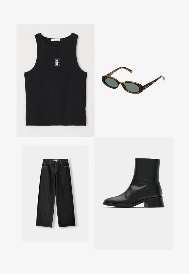 Čierny blazer s vyvýšenými klopami, nosený cez bielu mikinu s grafickým potlačou, na ktorej sú červené čerešne. Dokončené čiernym baseballovým šiltovkou.; Čierny rebrový tielko s okrúhlym výstrihom a vyšitým logom v bielej farbe. Materiál má hladkú textúru a priliehajúci strih.; Čierne denimové nohavice s širokými nohavicami, ktoré majú päť vreciek, kovový gombík a zips na zapínanie, a kontrastné žlté švy pozdĺž švov.; Čierne členkové topánky vyrobené z lesklej kože, s elegantným dizajnom, špicatou špičkou a stredne vysokým blokovým podpätkom pre stabilitu.; Slnečné okuliare v štýle korytnačiny s oválnymi rámami a zelenými sklami. Majú tenké nožičky s kovovým akcentom pri pántoch.