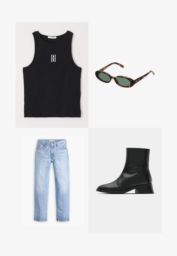 Sort blazer med spidse klapkraver, båret over en hvid grafik sweatshirt med røde kirsebær. Afsluttet med en sort baseballkasket.; Sort ribbet tanktop med rund hals og hvidt broderet logo. Stoffet har en glat tekstur med en tætsiddende form.; Lyseblå denimjeans med en lige ben-design, fem lommer og en mellemhøj talje. Har en falmet struktur og håndsyet kant.; Sort ankelstøvle lavet af blank læder, med et strømlinet design, spids tå og en moderat blokhælhøjde for stabilitet.; Skildpaddemønstrede solbriller med ovale stel og grønne linser. Har tynde arme med en metallisk detalje nær hængslerne.