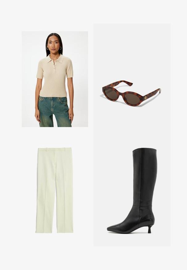 Schwarzes Blazer mit Revers, getragen über einem weißen Sweatshirt mit grafischem Aufdruck in Form roter Kirschen. Abgerundet mit einer schwarzen Baseballkappe.; Beige geripptes Polo-Top mit einem umgelegten Kragen, kurzen Ärmeln und fünf Knöpfen. Tragen mit verblassten blauen Schlagjeans.; Cremefarbene, maßgeschneiderte Hosen mit geradem Schnitt, flachem Front, Gürtelschlaufen und glatter Oberfläche.; Zign Stiefel - black; Schildpatt-Sonnenbrillen mit runden Rahmen, dunklen Gläsern und goldfarbener Logodetailierung an den Schläfen. Glattes Kunststoffmaterial, keine sichtbaren Muster.