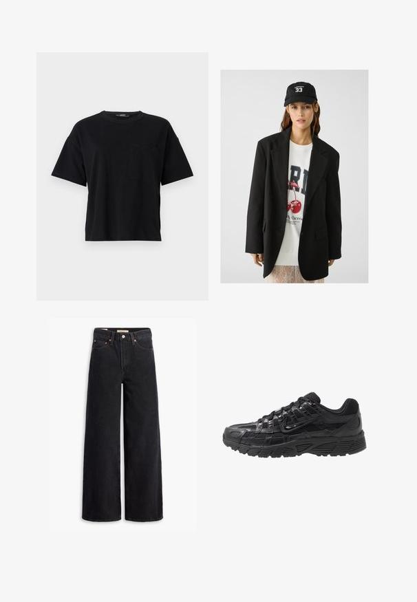 Black blazer with notched lapels, worn over a white graphic sweatshirt featuring red cherries. Finished with a black baseball cap.; Black cotton t-shirt with a crew neckline, short sleeves, and a left chest pocket. Features a relaxed fit and stitched hems.; Black wide-leg jeans made of denim, featuring five pockets, copper rivets, and a classic button closure. Smooth texture with a clean design.; Black athletic shoe featuring a mesh and synthetic upper, textured surface, lace-up design, and a patterned rubber sole for traction.