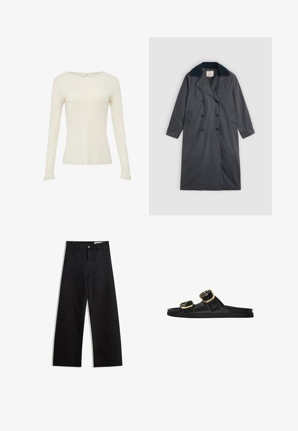 Dunkelgrauer Trenchcoat mit doppelter Knopfleiste, großem Kragen in Marineblau, seitlichen Taschen und langen Ärmeln.; Langarmshirt in Creme, aus weichem Material, mit Rundhalsausschnitt und figurbetontem Schnitt, ohne Muster oder Verzierungen.; Schwarze weit geschnittene Jeans mit hoher Taille, ausgestattet mit Vorder- und Hintertaschen, gesteppten Nähten und einem Knopfverschluss. Glatte Textur.; Schwarze Riemensandale mit zwei goldenen Schnallendetails, glattem Material, flachem Sohlen und minimalistischer Gestaltung.