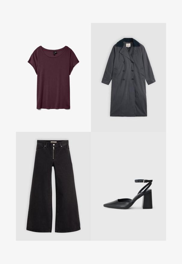 Tamsiai pilkas paltas su dvigubais mygtukais, dideliu laivyno mėlynumo apykakle, šoninėmis kišenėmis ir ilgomis rankovėmis.; Bordo trumpa rankovėmis marškinėliai, apvalia iškirpte, pagaminti iš švelnios medžiagos su lygiu paviršiumi. Išsiskiria laisvu kirpimu ir minimaliais siūlų akcentais.; Plačios kojų džinsai iš juodo džinsinio audinio su užtrauktuku priekyje, penkių kišenių dizainu ir subtiliais siuvinėjimo akcentais. Lygus paviršius ir laisvalaikio stilius.; Juoda odinė smailiagalė aukštakulnio bateliai su kulkšnies dirželiu ir storu kulnu. Lygus paviršius, elegantiškas dizainas ir minimalistiška estetinė.